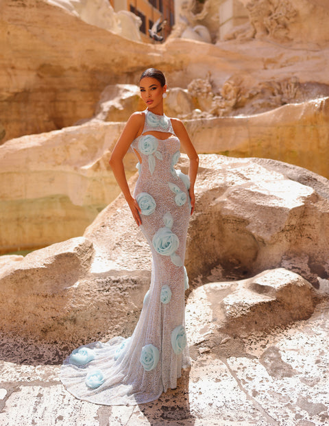 aqua blue evening gown with floral details