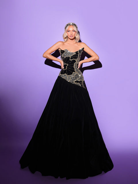 black evening gown featuring golden details