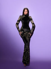 black evening gown featuring golden details