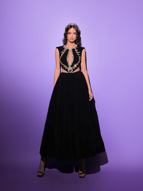 black evening gown featuring golden details