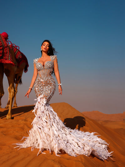 evening gown with crystals and feathers 