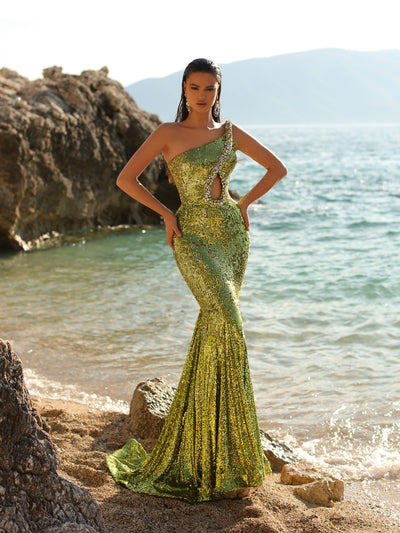 neon green sequin evening gown featuring an asymmetrical neckline