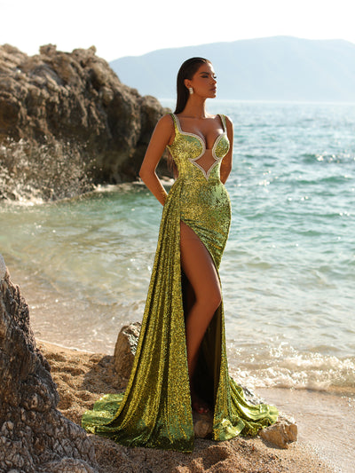 neon green sequin gown featuring a side slit