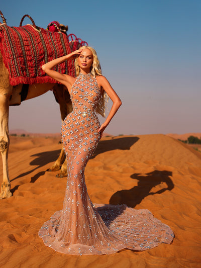 nude evening gown with crystals