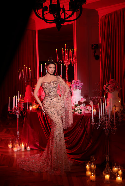 a nude evening gown with sparkly stones