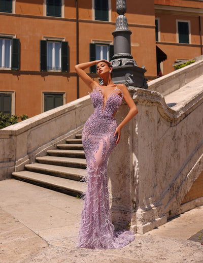 purple evening gown featuring a strapless neckline