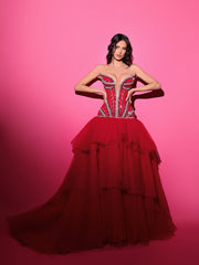 red evening gown featuring silver details