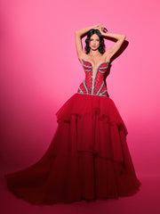 red evening gown featuring silver details