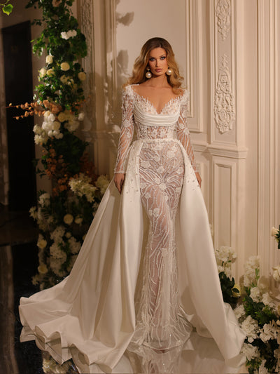 bridal gown featuring a removable train