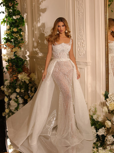 bridal gown featuring a removable train