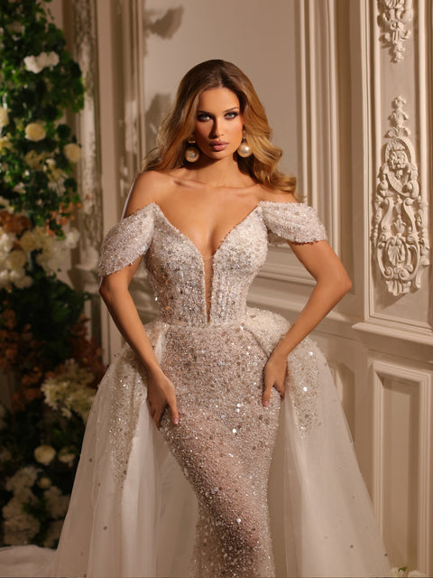 bridal gown featuring a removable train