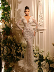 bridal gown featuring a deep v neckline