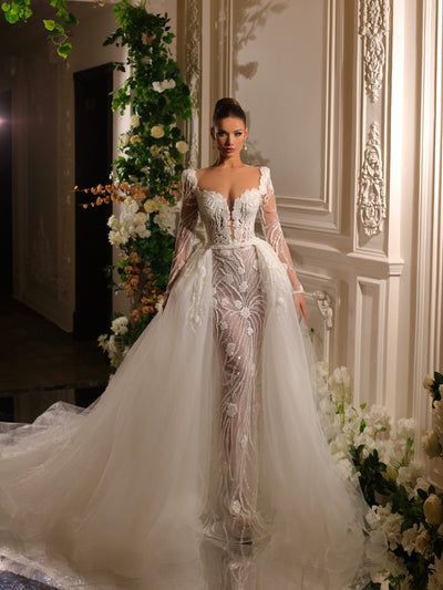 bridal gown featuring a removable train