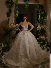 bridal ball gown featuring opera gloves