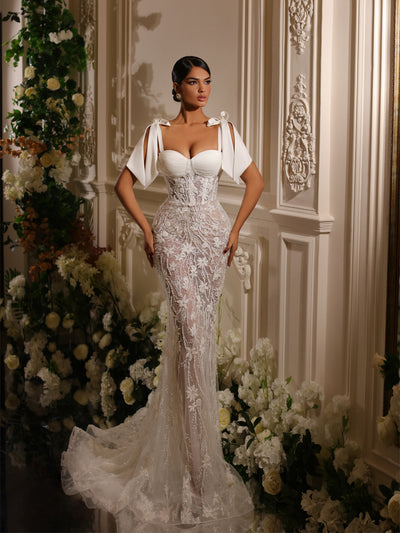 bridal gown featuring a ribbon straps